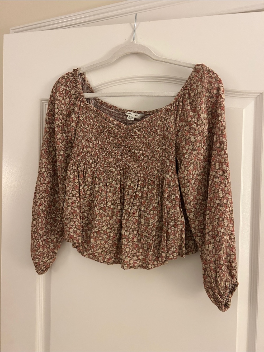 American Eagle Outfitters Dusty Rose Floral Smocked Peasant Top